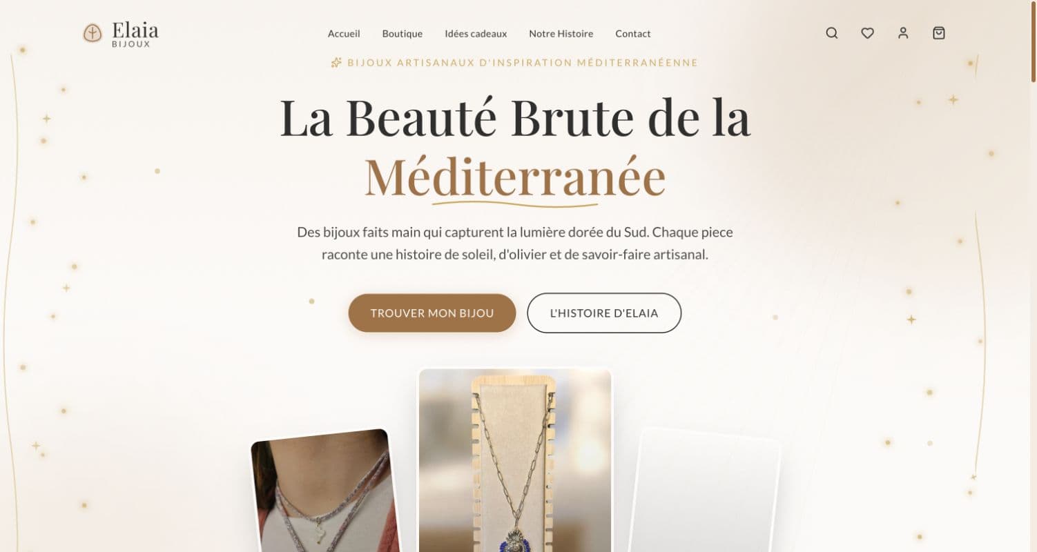 Page d'accueil réelle de la boutique Elaia Bijoux présentant ses créations méditerranéennes