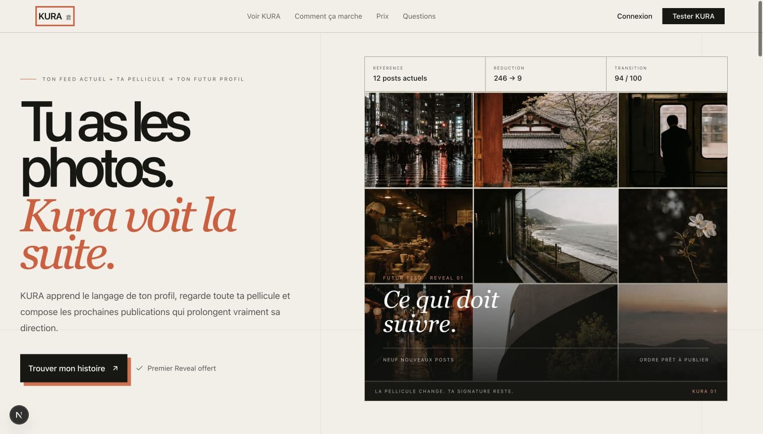 Interface réelle de KURA montrant une sélection de neuf photos et un score d'affinité