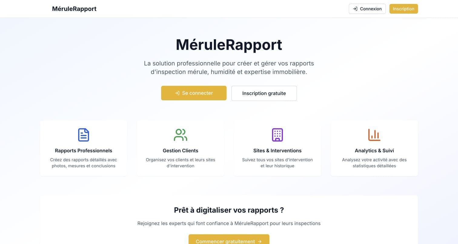 Interface réelle de MéruleRapport présentant la gestion des inspections, clients et rapports